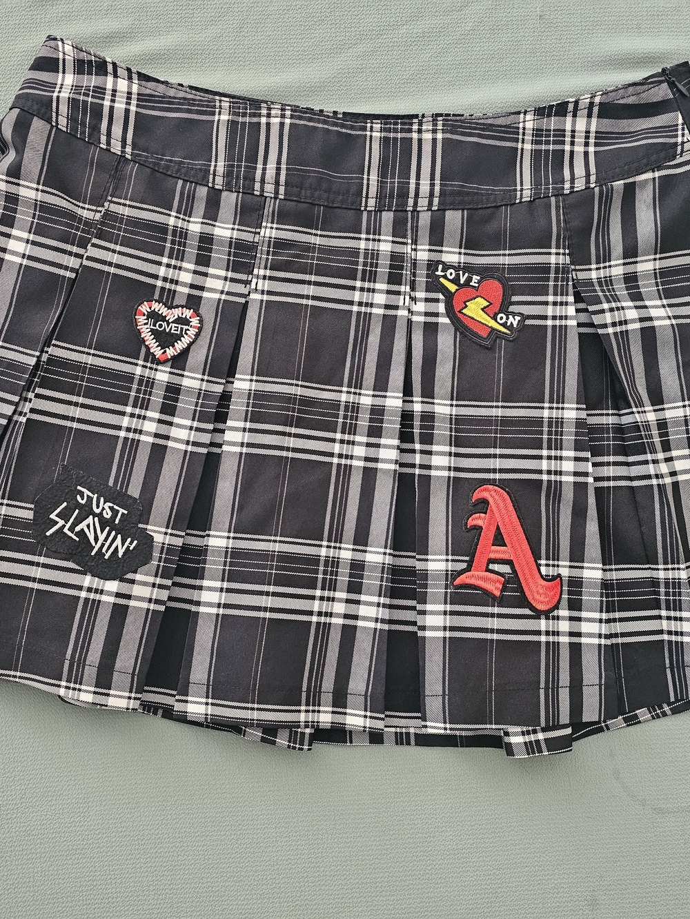 Love Black & White Plaid Pleated Skirt with Red Heart/Patches
